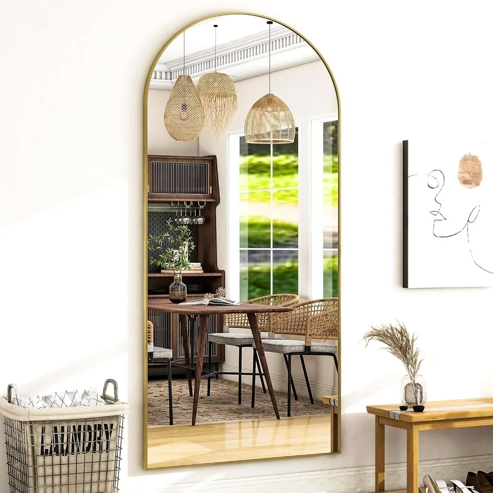 Grande espelho de chão dourado arqueado, espelho inclinado ou suspenso de comprimento total 68x22 com moldura de alumínio para decoração de sala de estar