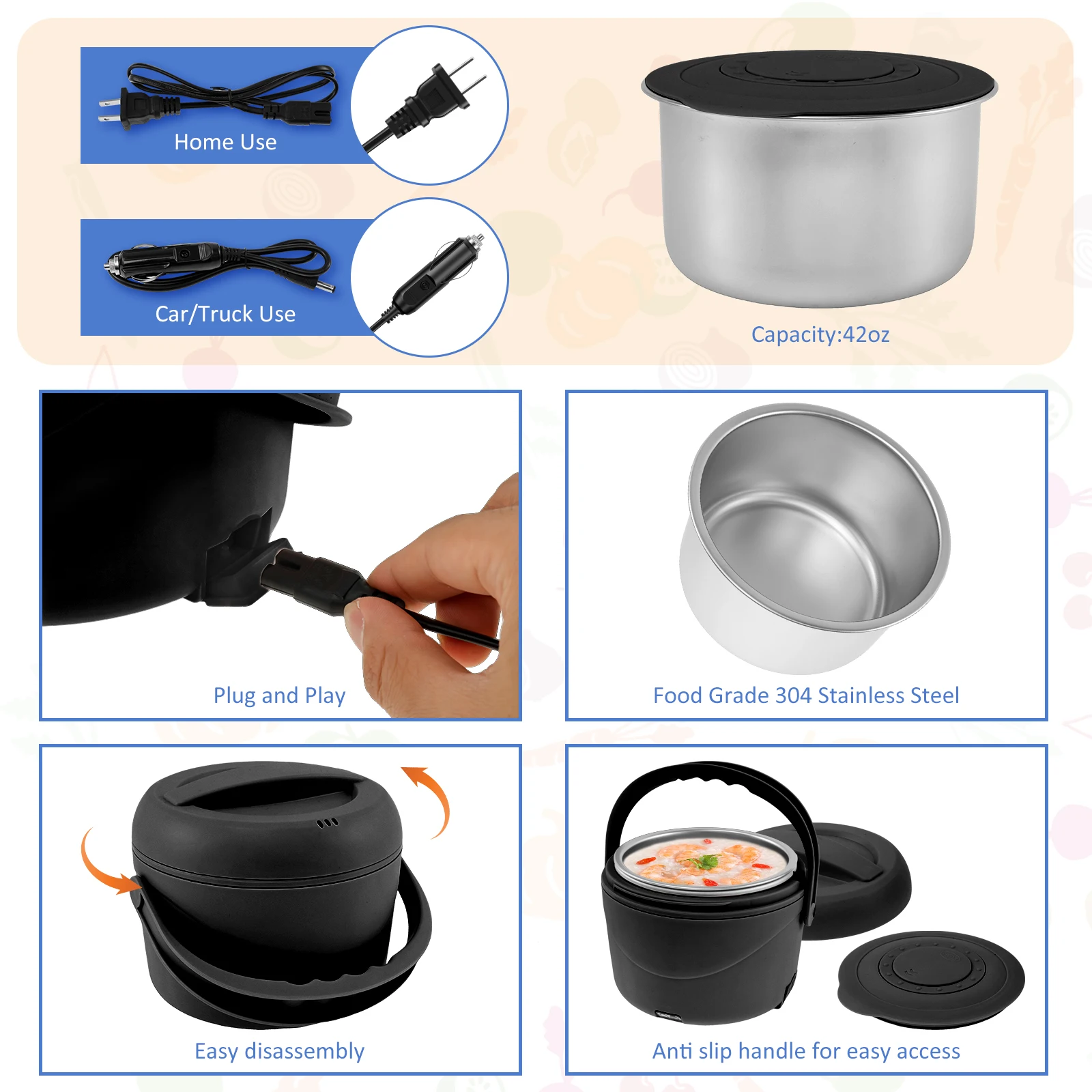 1.2L USB Electric Lunch Box Stainless Steel Portable Leakproof Thermostatic Heater 12V Food Warmer Heated Container Set