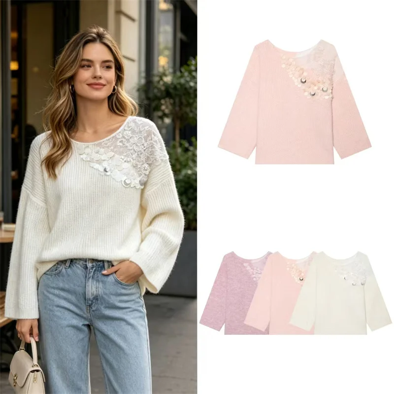

Guobioziy Women's Top 2026 Summer New Style Solid Color Long Sleeve Loose Knitted Top Sequin Decoration Casual Romantic Vacation