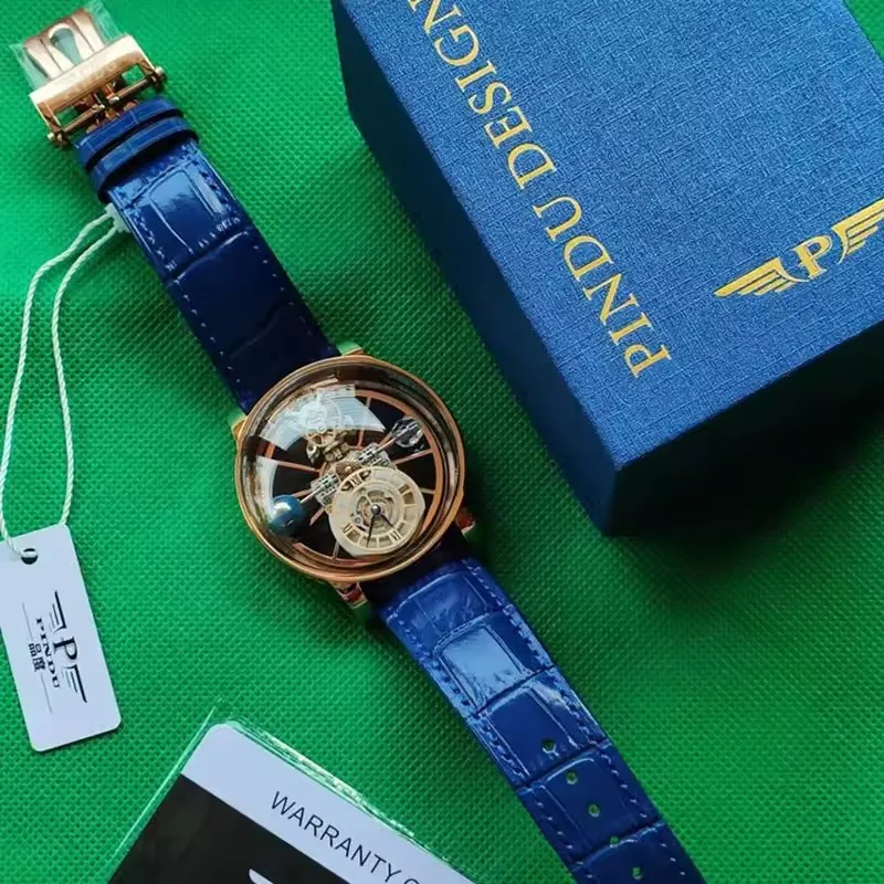 PINDU Design Orologio da polso da uomo Design cavo trasparente Roulette celeste Orologi al quarzo Scatola per orologi da uomo in pelle resistente all'acqua