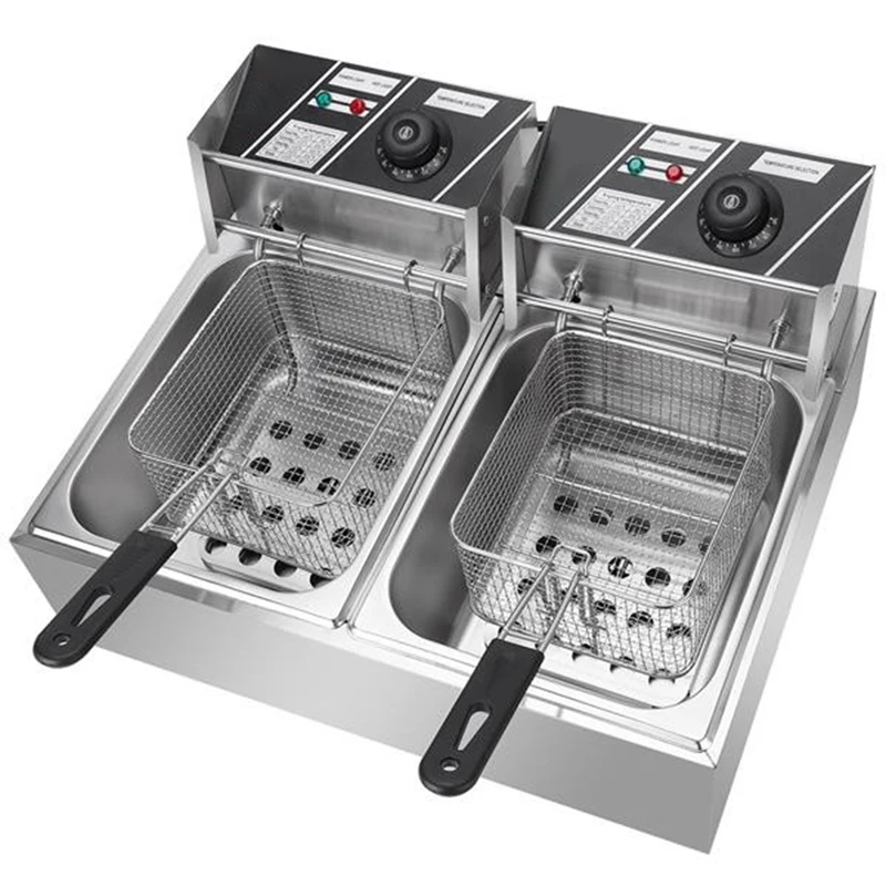Freidora eléctrica comercial de acero inoxidable, fácil de operar, 2 tanques, 2 cestas, freidora de patatas fritas para perros y maíz