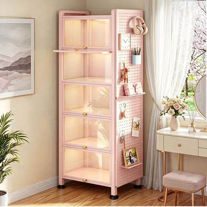 Pink Steel Bookshelf with Glass Door Floor Standing Display Cabinet Multi Layer Dustproof Storage Rack for Home Office Decor
