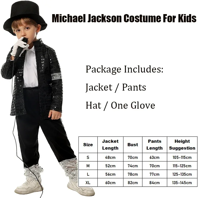 Ragazzo Michael Jackson Billie Jean Cosplay Abito nero Danza Discoteca Halloween Fancy Dress Up Costume pop King anni '80 per bambini