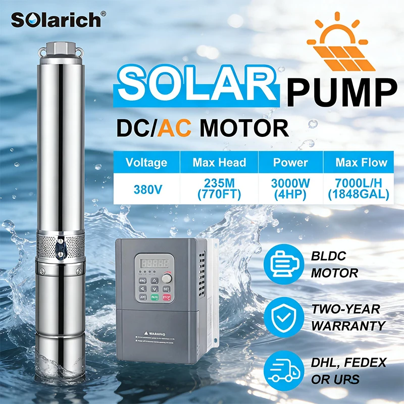 

Солнечный гибридный водяной насос SOLARICH 4 дюйма, 4 л.с., с двигателем BLDC, на солнечной энергии, для ирригации в сельском хозяйстве, экологичный, эффективный, для сада, постоянный/переменный ток