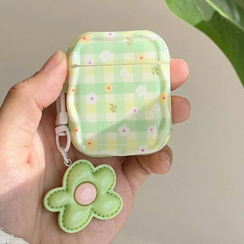 INS Fresh Green Lattice Flower Earphone Case For Apple For Airpods Pro 1 2 3 Wireless Headset Protection Cover with Flowers Pend