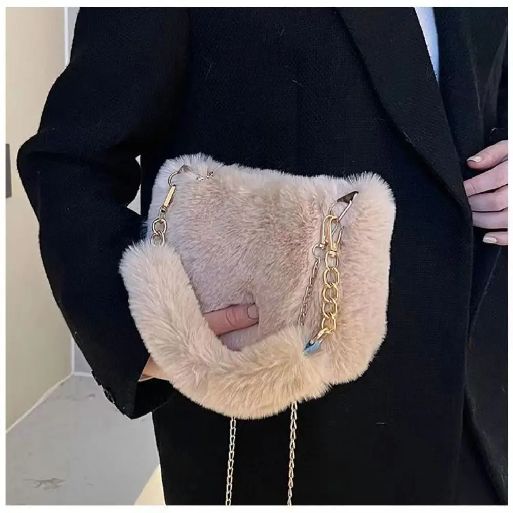 

New Style Soft Fluffy Shoulder Bags Chain Strap Handle Underarm Bag Solid Color Handle Bag Winter