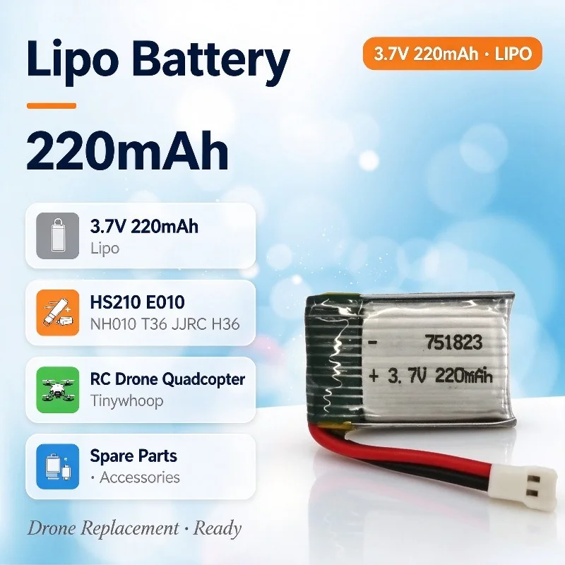 220mAh 3.7V 751823 Rechargeable Battery for HS210 E010 NH010 T36 JJRC H36 RC Quadcopter Drone Replacement Parts