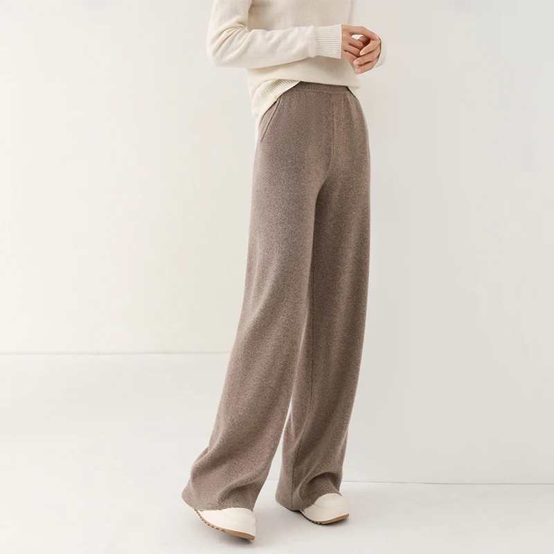 Women Pant 100% Merino Wool Knitting Wide Leg Pants Autumn Winter Solid Color Soft Warm Trousers for female YP01