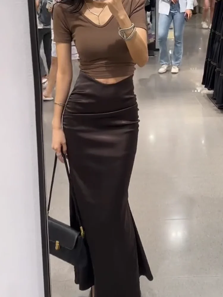 Black Satin Halter Neck  Dress Women's High Waist Sexy Acetate Bodycon Fish Tail Long Skirt Summer New Style Pure Desire