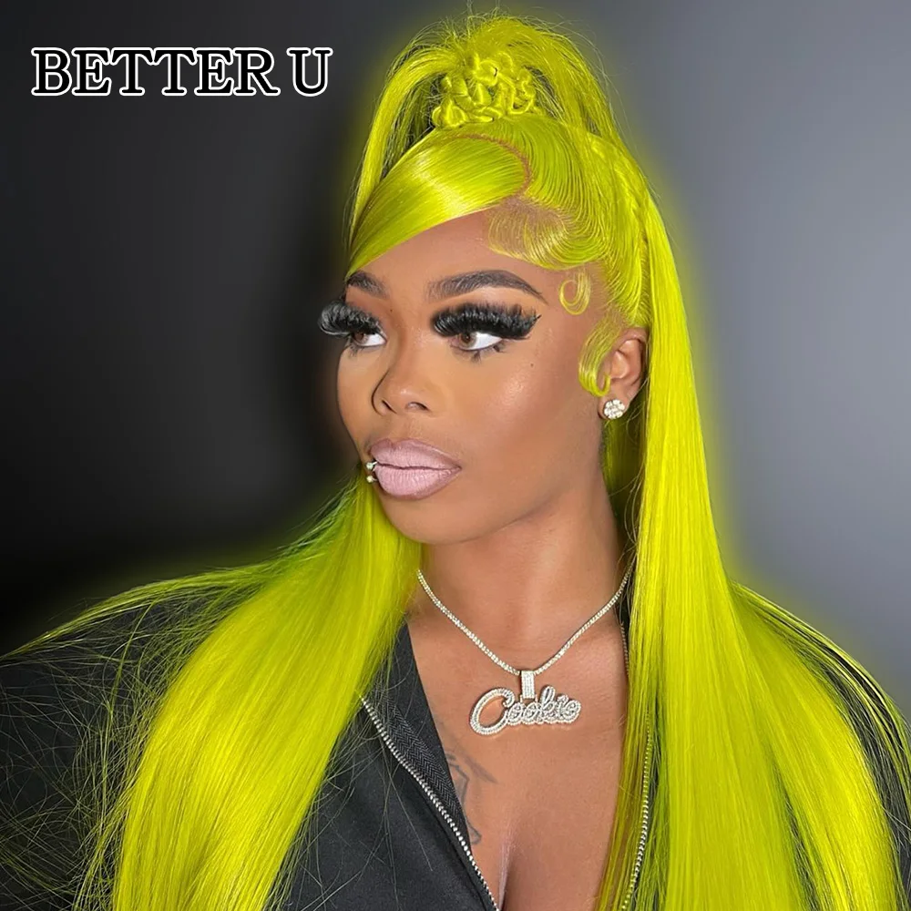 Light Yellow Straight 13x4 13x6 Lace Front Human Hair Wig Pre Plucked Pony Tail Wig Light Green Colored Remy Hair Wig for Women