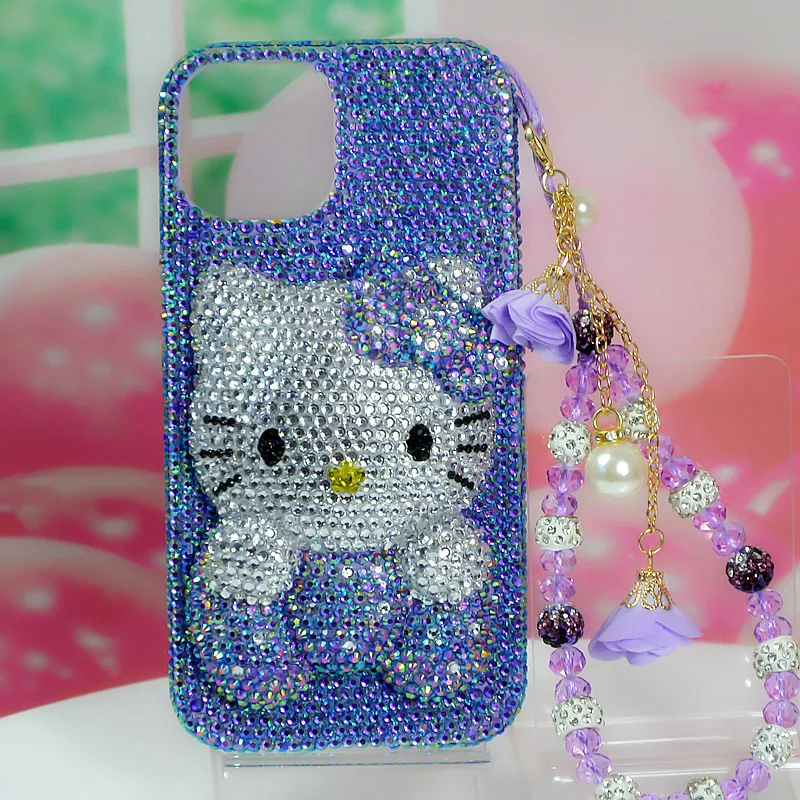 Purple Kt Rhinestone for Iphone17 16 15 14Pro Max Apple Mobile Phone Case Anime Hello Kitty Upscale Girls Gift Anti-Fall Protect