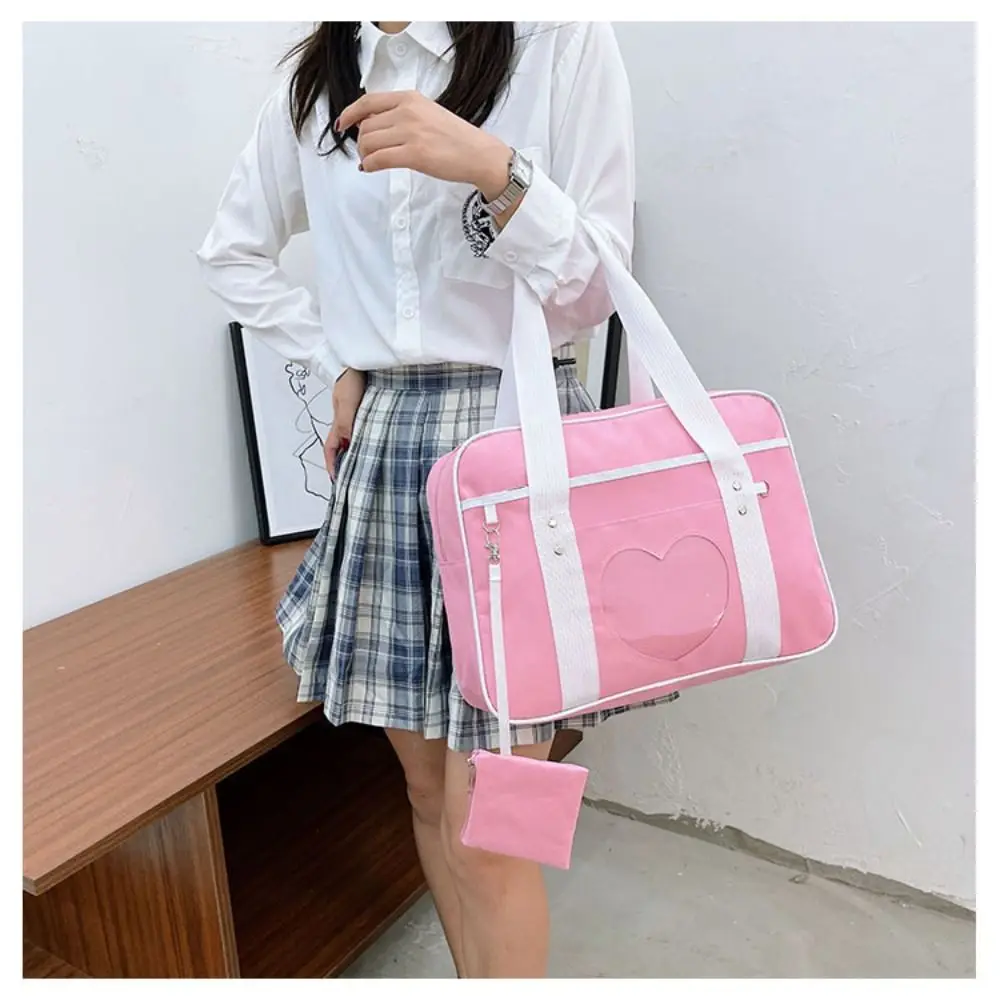 كيس مزموم القلب JK موحدة Itabag سستة اليابانية نمط Preppy أكياس شفافة القطن دمية حقيبة Y2k حقيبة كتف الرجال