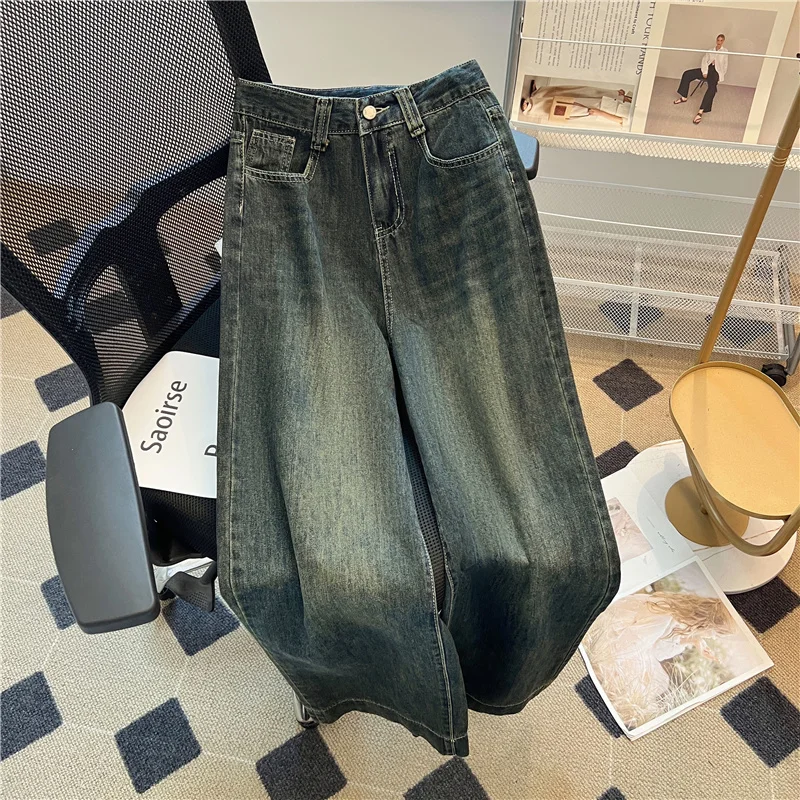 

Washed gray contrasting print pocket nine-point jeans for women autumn and winter new high waist loose wide leg straight pants