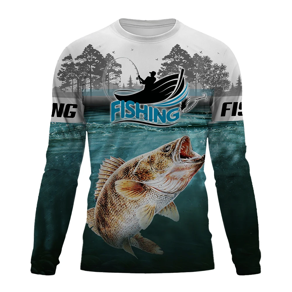 2026 New Spring And Autumn Men's Long Sleeve T-shirt With Fish Pattern Printing Outdoor Fishing Essential T-shirt