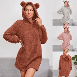 Autumn Women Pajamas Casual Winter Long Sleeve Dresses Pijama Women Keep Warm Fuzzy Fleece Bear Ears Hoodie Home Sleepwear