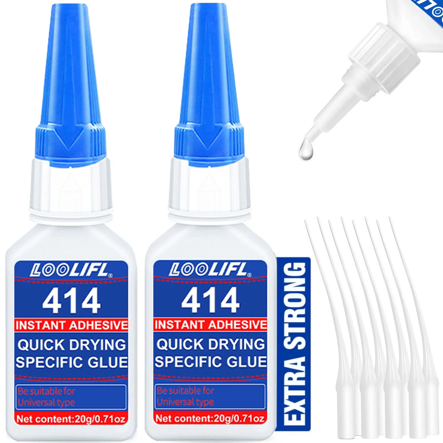 LOOLIFL 414 Instant Adhesive 20g Quick Drying Super Glue Extra Strong with Extension Nozzles for Metal Plastic Wood Ceramic