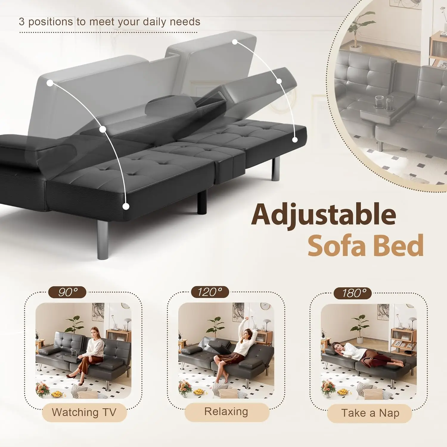 รถพับ Futon โซฟาเตียง Sleeper โซฟาสําหรับห้องนั่งเล่น Faux หนังหุ้มเบาะ Loveseat w/ที่ถอดออกได้แขน, โลหะ L