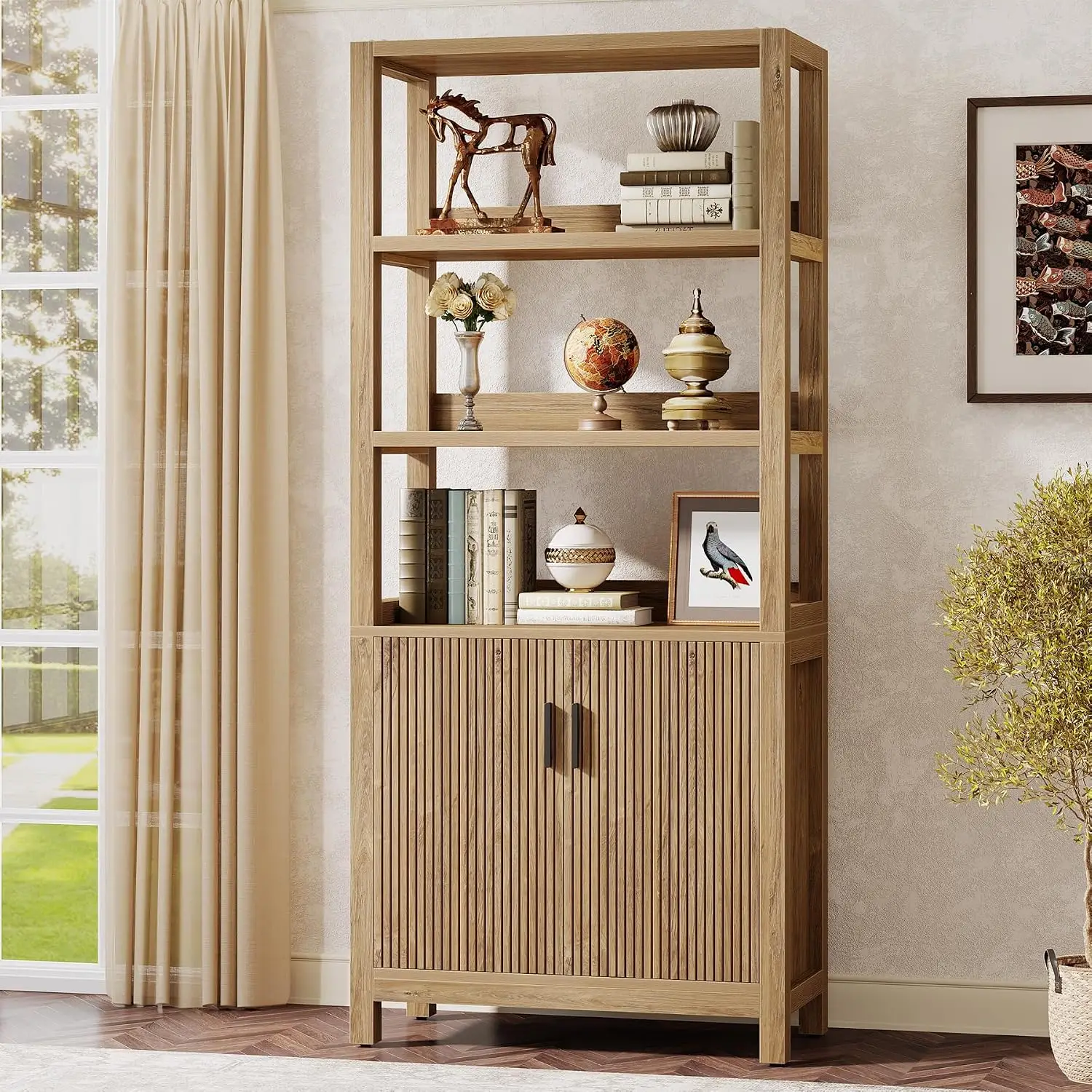 Tall Wooden Bookshelf with 3-Tier Open Shelf & Door Cabinet, 70.9