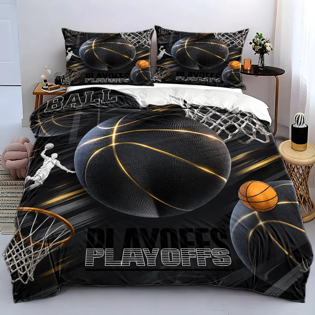 3Pc Black and Gold Basketball-Style Printed Duvet Cover Set, Sports-Themed Bedding Set for Basketball Enthusiasts, 1 Duvet Cover Plus 2 Pillowcases, Universal Bedding Set for Home, Dormitory, Master Bedroom, and Guest Room, Suitable for All Seasons, Machine Washable, Skin-Friendly, Durable Bedding Set, Large Duvet Cover Set Suitable for Double Beds, Hidden Zipper Design for Easy Removal and Washing Without the Quilt Slipping, Cool and Trendy Bedding Set for Boys' Bedrooms, Breathable, Soft, and Non-Pilling, Non-Fading Bedding Set, Suitable for Student Dormitories