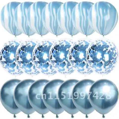 Agate Marble Blue Set Balloons Silver Confetti Balloon Baby Shower Birthday Party Decor Kids Wedding Decor Helium Balloon