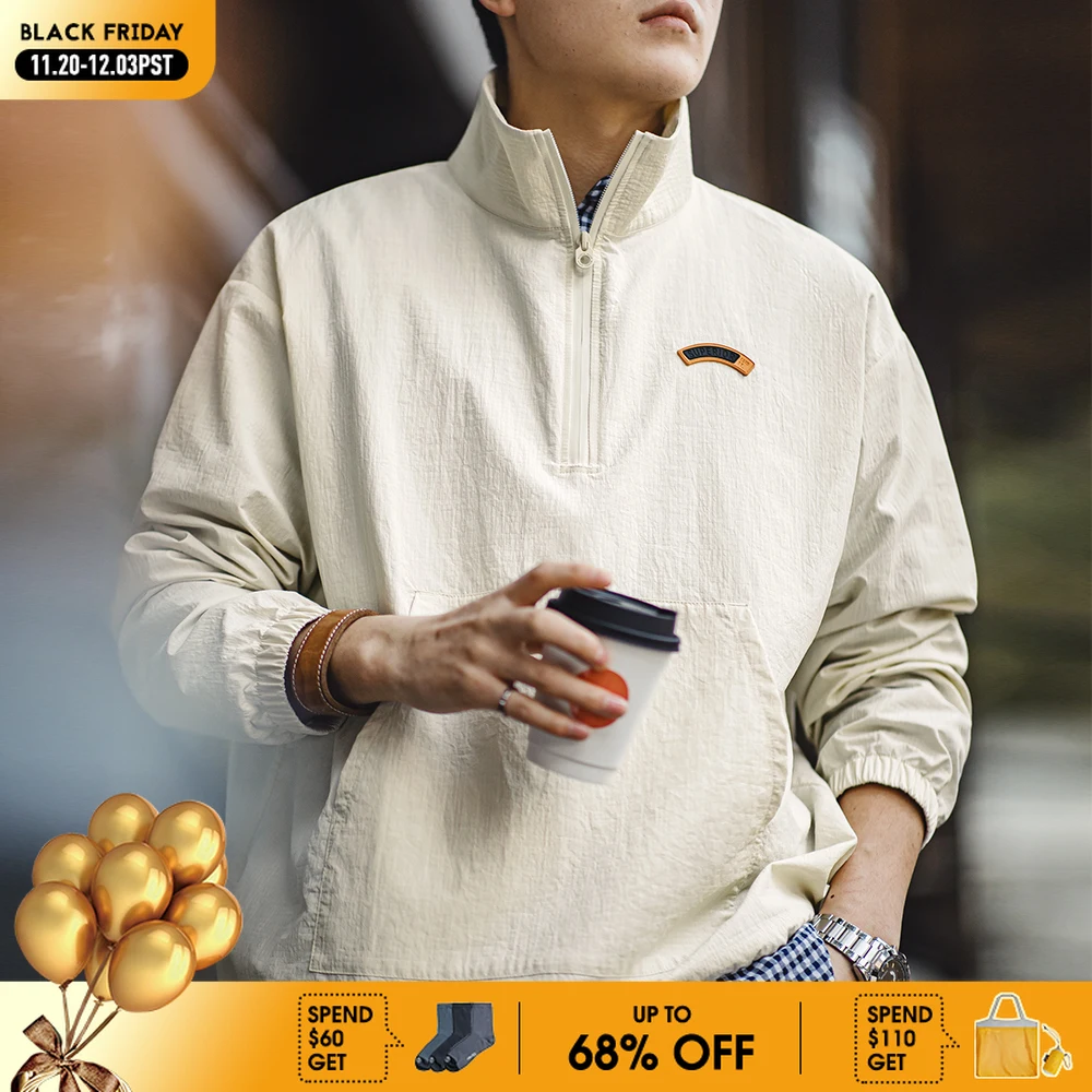 

Maden Vintage Half-Zip Stand Collar Pullover Jacket Cityboy Outdoor Hoodie Men Spring Casual Sweatshirt Sporty Urban Streetwear