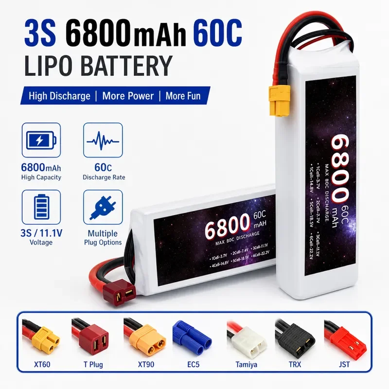for 11.1V 6800mAh Lithium Battery for RC Airplane Fixed Wing Drone Helicopter Car Boat Model High Capacity Lipo Battery Pack