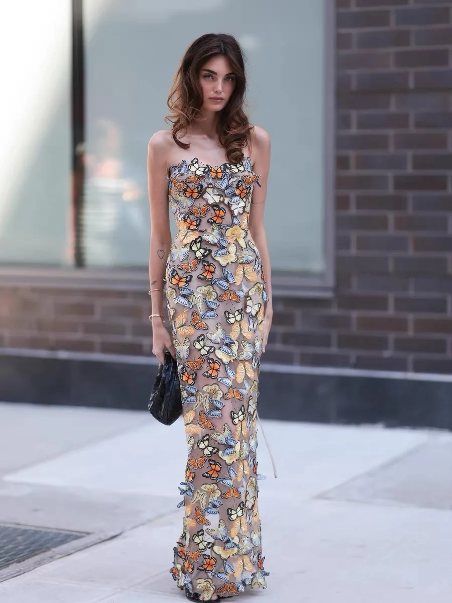 2026 Women Celebrity Sexy Strapless Patchwork Diamonds Butterfly Multi Dress Elegant Evening Party Club Vestido
