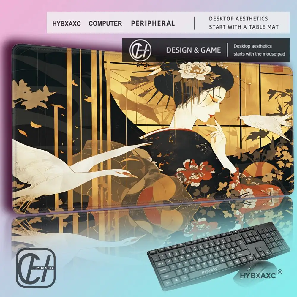 

HYBXAXC Japanese Geisha MousePad, Peacock Blue DeskMat, Cute Floral DeskPad, Desk Accessories, Gamer Setup, Desk Organizer