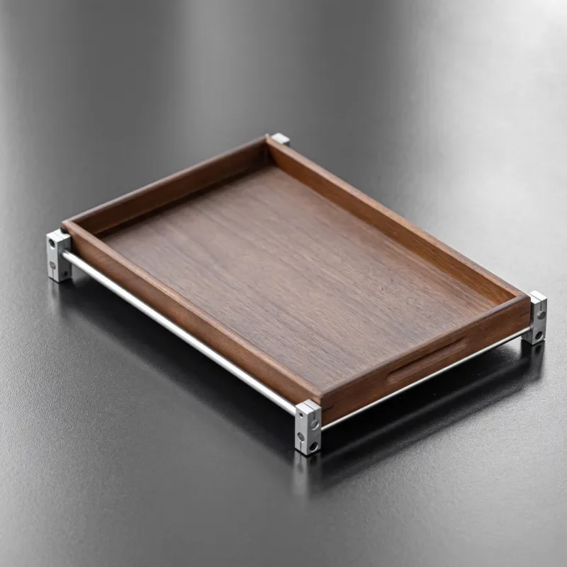 Rectangular Walnut Wood Tea Tray Aluminum Base Household Kung Fu Tea Set Storage Plate Dry Brewing Tableware Organizer for