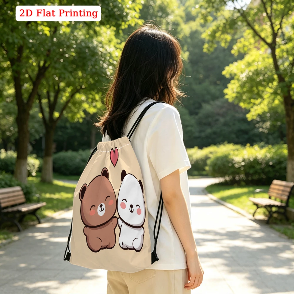 Cartoon 2D Bear And Panda Print Drawstring Backpack for Fitness Sports Outdoor Travel