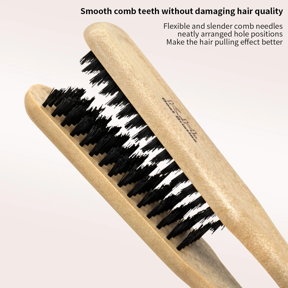 Professional Barbershop Wooden Handle V Type Hair Straightener Comb Double Brushes Hairdressing Comb Anti-static Styling Tools gallery 1