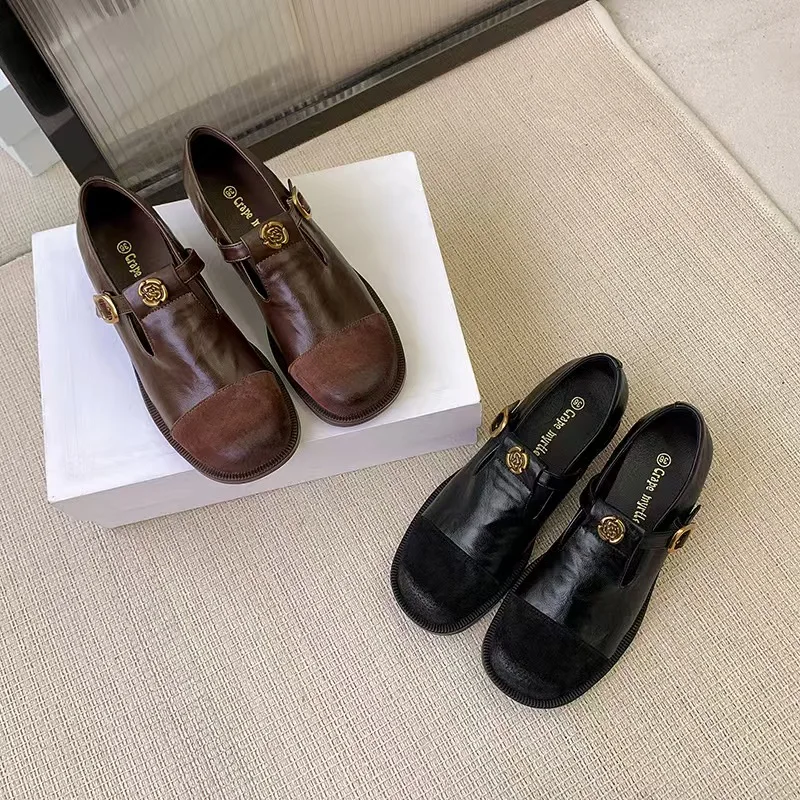 

Retro Buckle Straps Loafers Brown Flower Chunky Heel Cowhide Leather Shoes Round Toe Shallow 2025 Women's Spring Daily Shoes