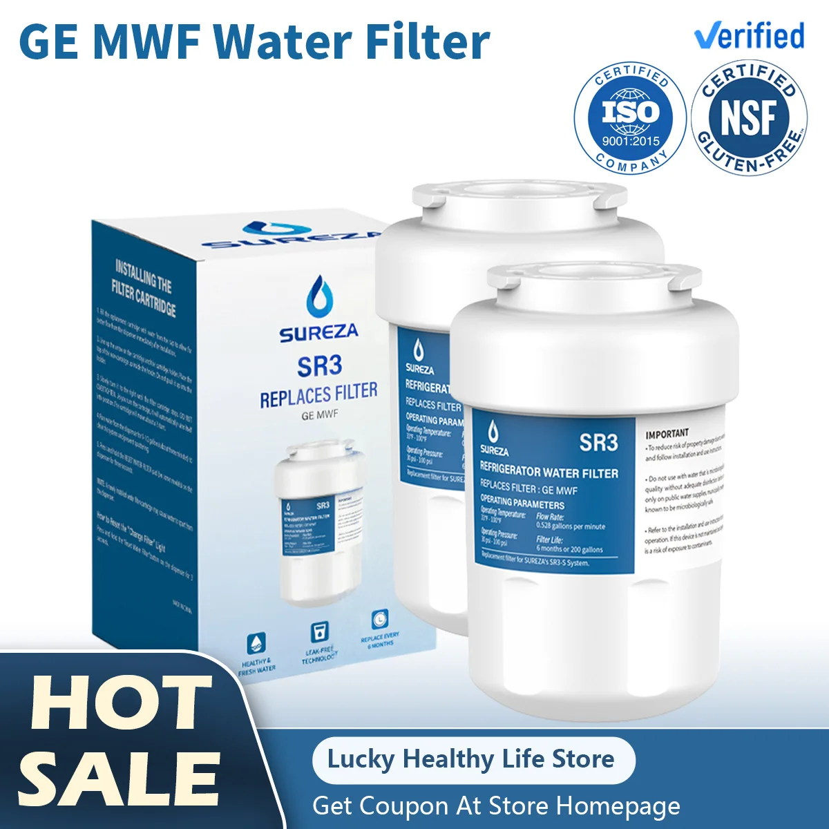 

MWF Water Filter Replacement for GE Refrigerator Water Filter MWFP GWF GWFA SmartWater FMG-1 Kenmore 46-9991 (1-5Packs)