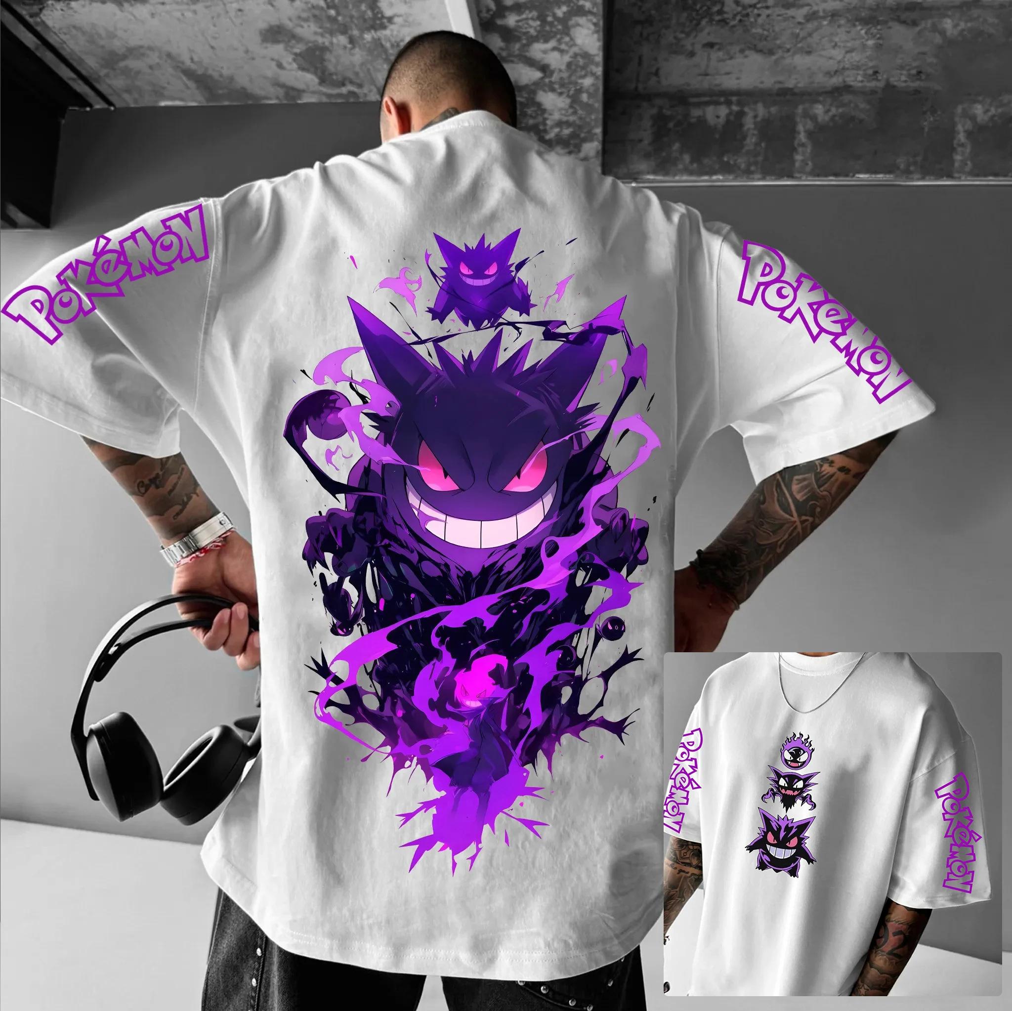 Camiseta informal de manga corta con estampado de elementos de Pokémon para primavera y otoño, Pikachu, hombres y mujeres, adultos y niños, con hombros descubiertos