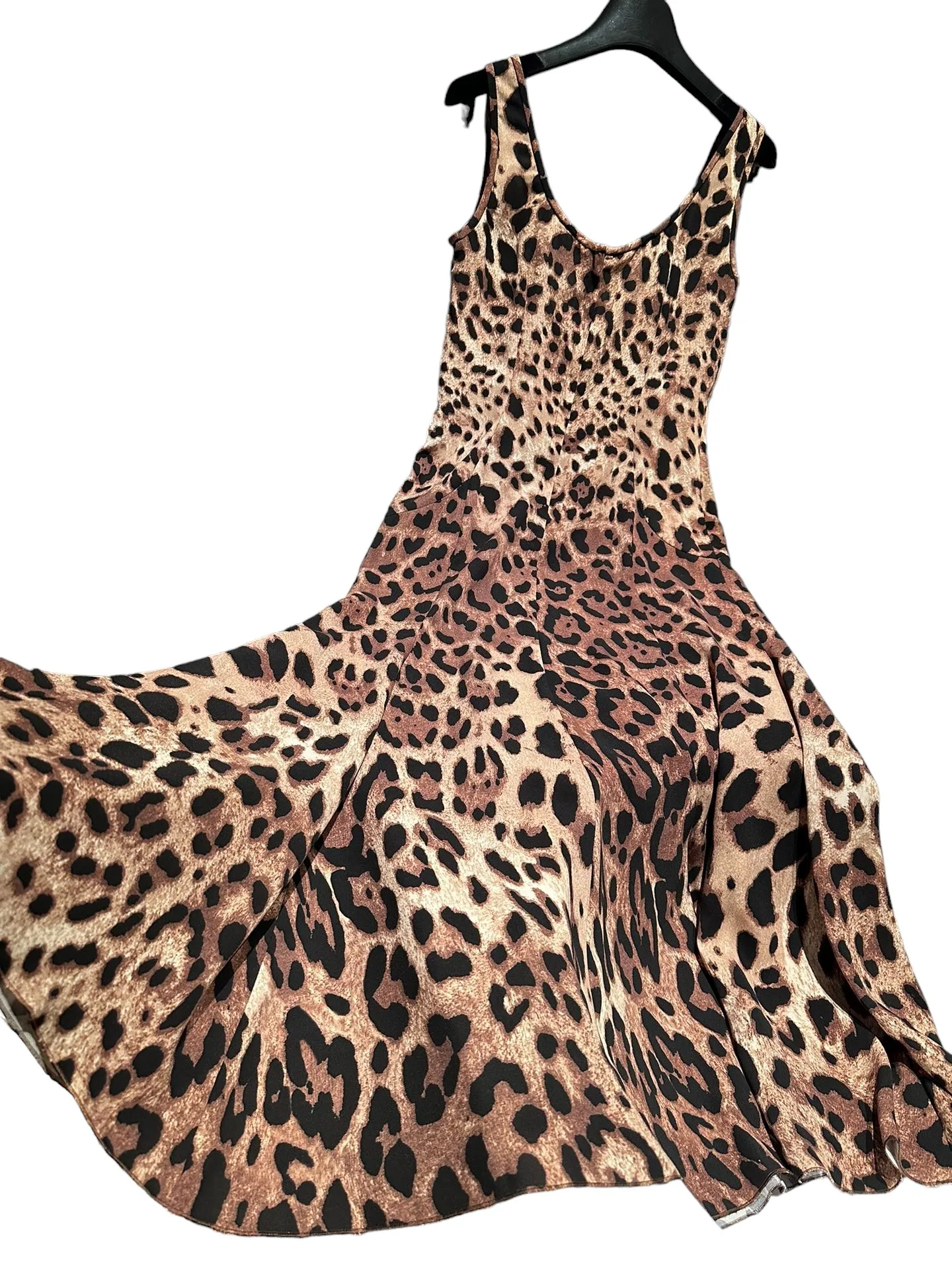 Spring Summer 2024 New Women\'s Leopard Print Dress Lace Trim A-Line Mid-Calf Full Sleeve O-Neck Luxury Viscose Sexy High Quality