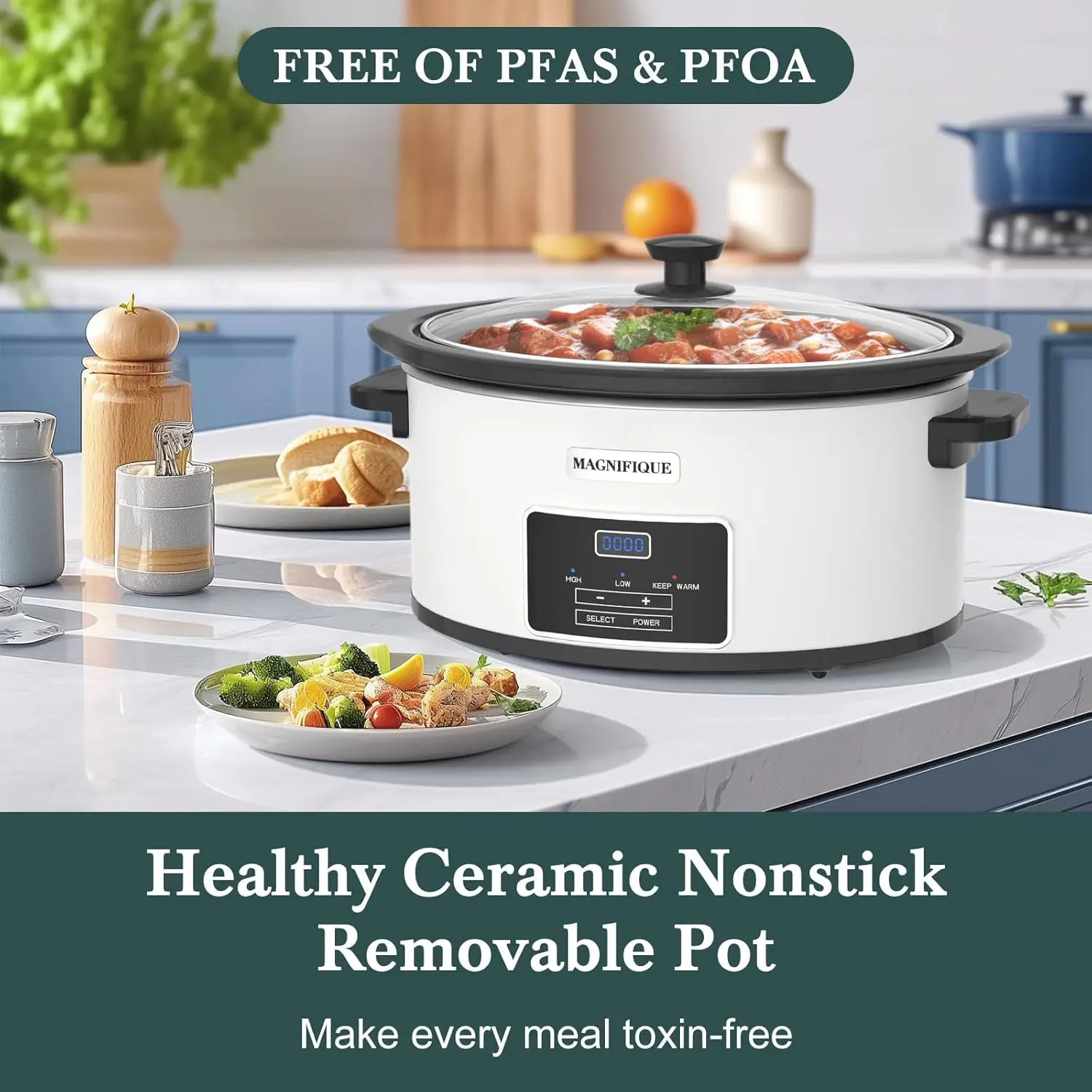 طباخ بطيء قابل للبرمجة سعة 7 لتر مع مؤقت للتدفئة - جهاز مطبخ صغير لتناول العشاء العائلي - يخدم 6 أشخاص أكثر من ذلك - مجموعة حرارية