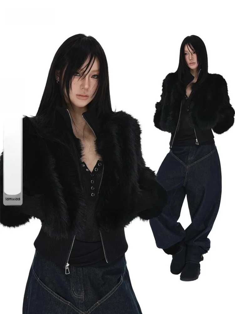 

Iamxiaa Премиум-пальто из искусственного меха с воротником-стойкой на молнии, черное, кожаное, женское, зимнее, модное, уличный стиль, приталенное, с длинными рукавами