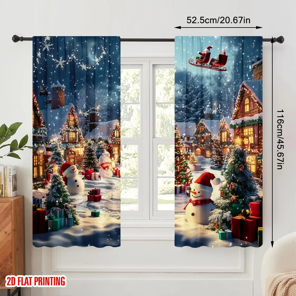 2pcs,2D plane printing Curtains&Window Treatment Christmas trees and snowmen (3) Versatile Polyester (without rod) Home Decor