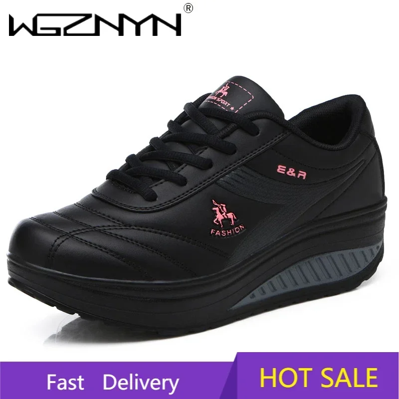 WGZNYN 2025 NEW Slimming Women Fashion PU Leather Platform Casual Shoes Women Lady Swing Shoes Spring Autumn Top Quality Flats