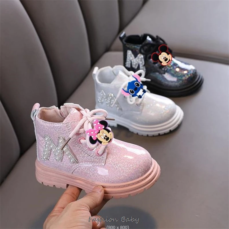 Bota Kid Boots Kid Fashion Boots Mickey Minnie Boys British Beads Short Boot Girl Ankle Boots French Boy/ Girls Boots Kid Shoes