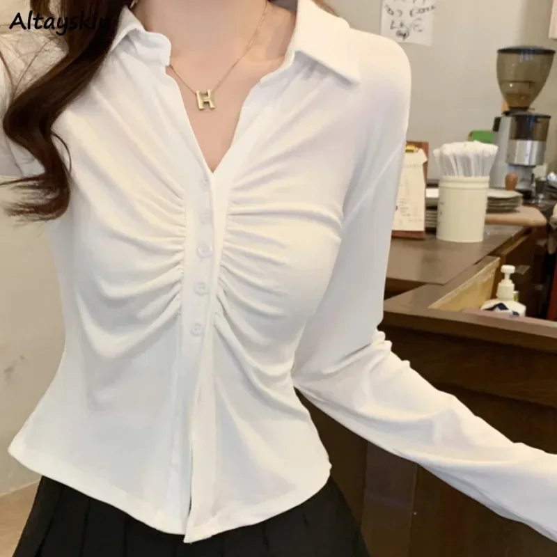 White Y2k Shirts Women Long Sleeve Pleated Solid Sexy Skinny Turn-down Collar All-match Clean Fit Slim Fashion Soft Niche JK New