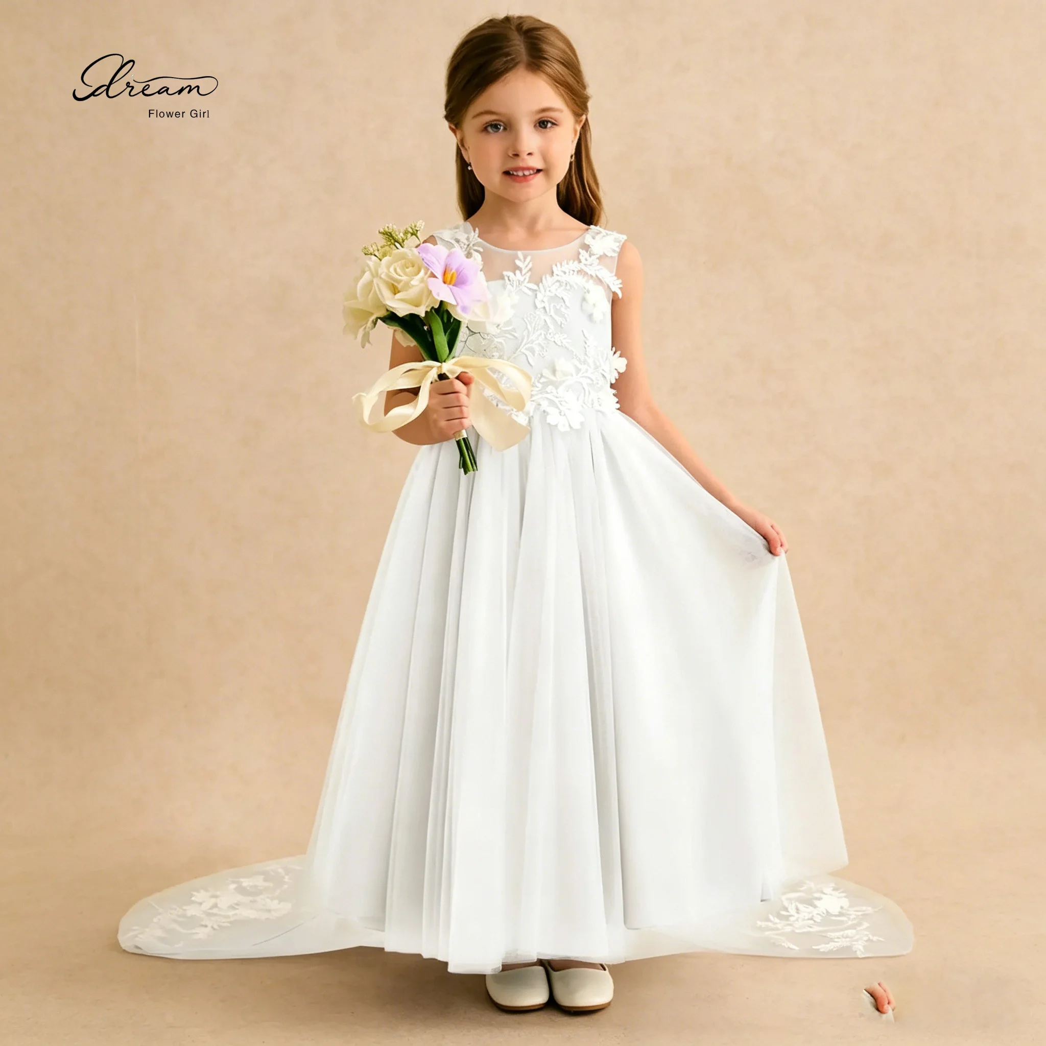 

White Flower Girl Dress Sleeveless Lace Applique Illusion Neckline Tulle Skirt Train Kids Wedding Party First Communion Pageant