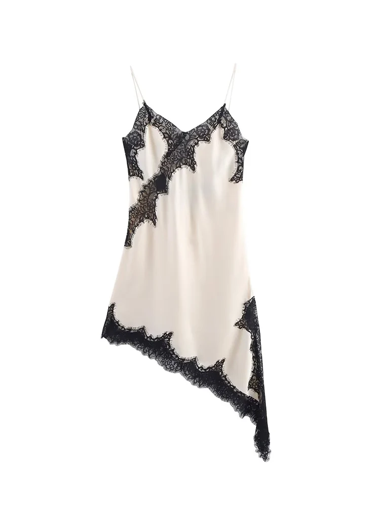 2025 Sexy Women's Hollow Out Lace Spliced Satin Sling Dress Elegant Side Slit Hem Asymmetric Dresses Fashion Backless Outfit