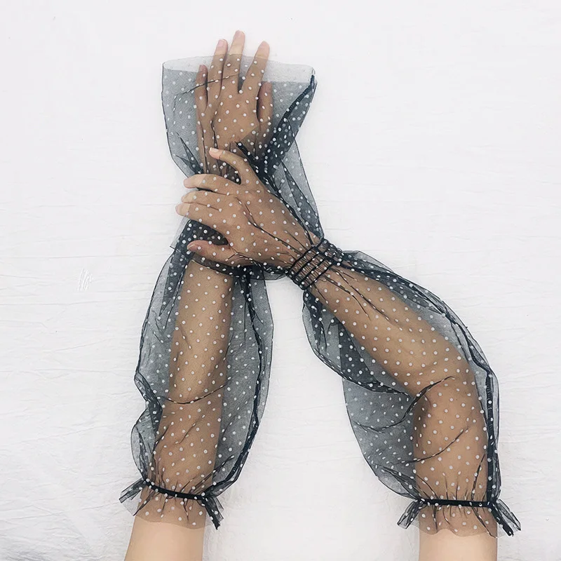 Summer Women White Black Dot Lace Long Tulle Arm Sleeve Gloves Sexy Anti-UV Mesh Cycling Driving Gloves Arm Cover Gloves