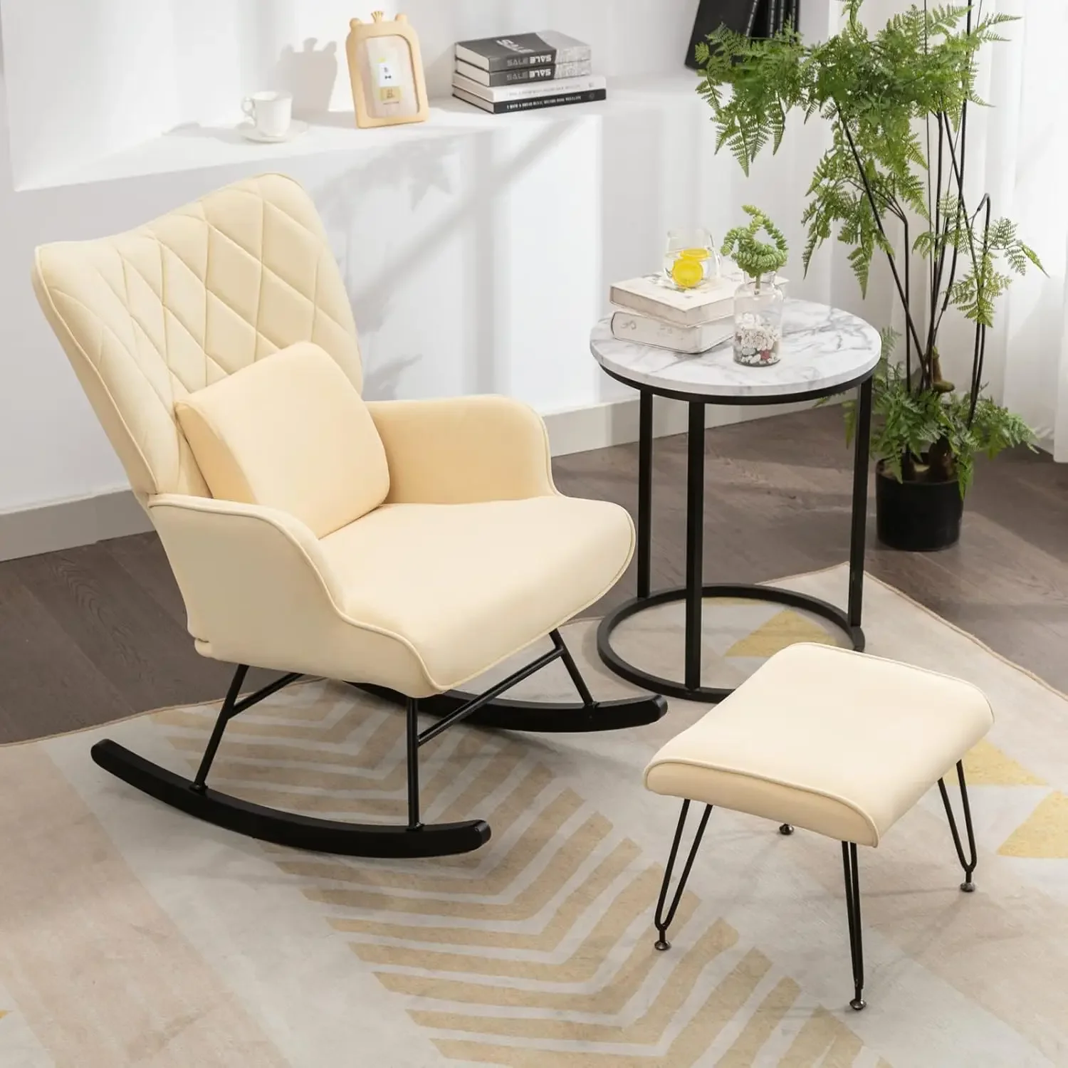 

Rocking Chair, Modern Rocking Chair Nursery Set W/ Lumbar Pillow & Ottoman, Glider Chair for Nursery/Living Room/Bedroom-Yellow