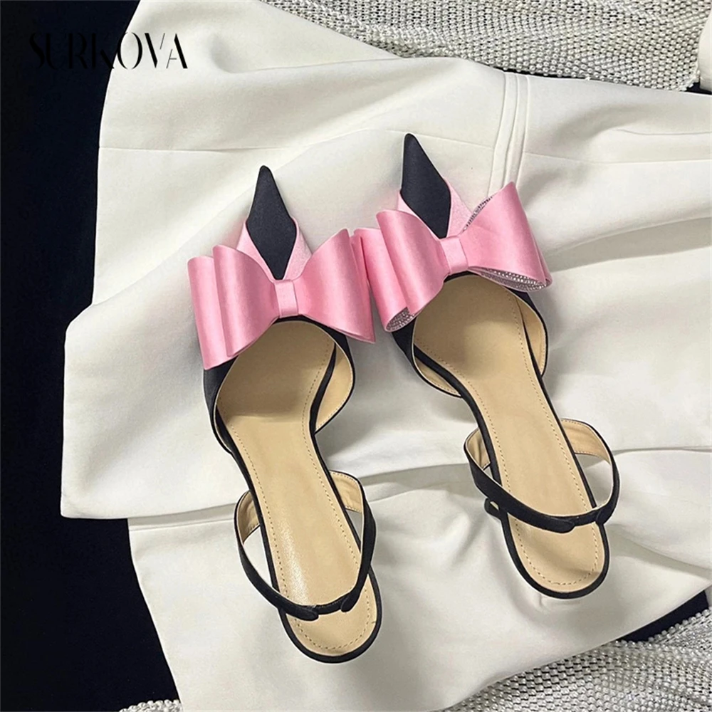 

French Lady Style Bowknot High Heels Rhinestone Bow Slingback Pumps Solid Point Toe Cat Heel Dress Shoes Summer Women's Sandals