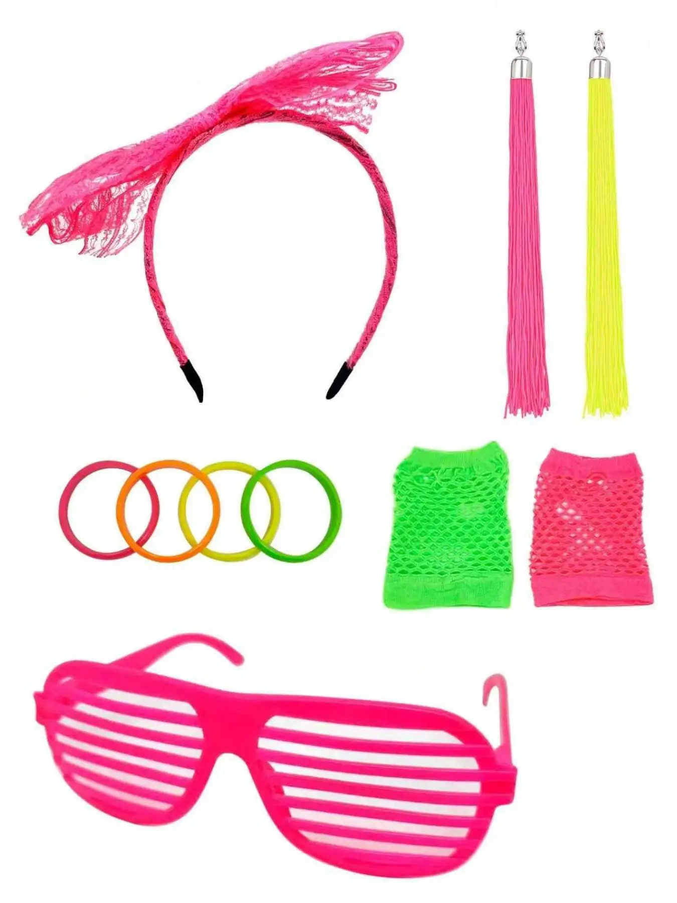 80s Neon Costume Accessories Set Lace Bow Headband Shutter Shades Glasses Fishnet Gloves Tassel Earrings Wristbands 1980s Retro