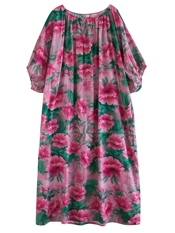 Bohemian Print Cotton Lin Loose Long Dress Bell Sleeve Cover up Slimming Robe Large Size Women's Summer Casual A-Line Dress 5