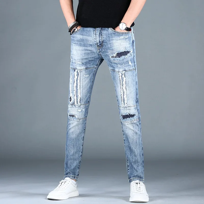 Summer Light Blue Ripped Jeans Men Streetwear Casual Patchwork Slim Fit Straight Denim Pants