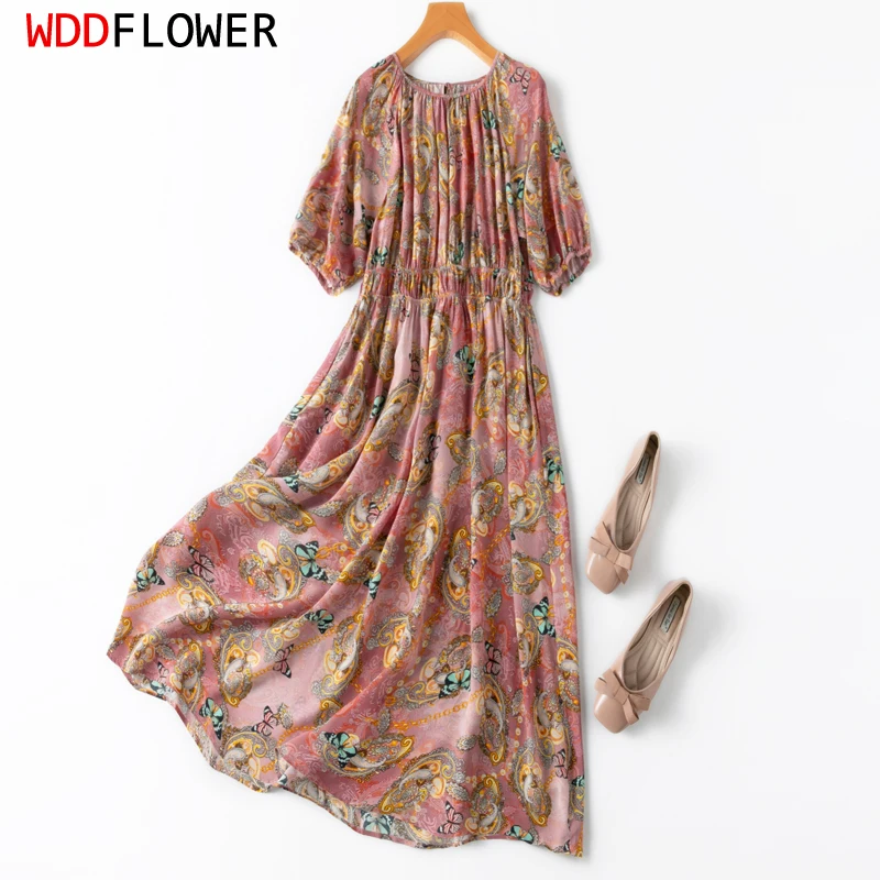 

100% Mulberry Silk Women Midi Dress Pink Art Butterfly Printed Elasitic Waist Lantern Sleeve Chic Long Dress L XL MM937